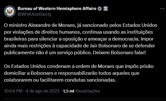 Governo Trump condena prisão domiciliar de Bolsonaro e critica Alexandre de Moraes