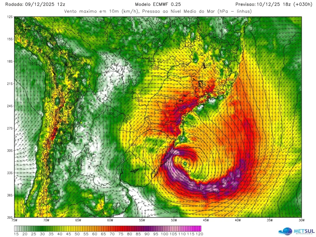 Ciclone avança para o mar e provoca ventos acima de 100 km/h e transtornos no RS